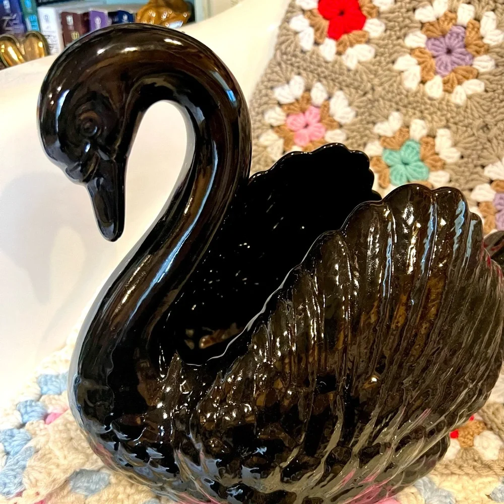 Vintage Handmade Signed Mid Century Mod Large Black Swan Planter